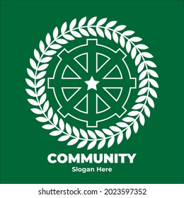 community logo with circular leaves, ship control, and a star in the middle, suitable for logos for communities or organizations that care about nature, or companies that promote environmental friendl
