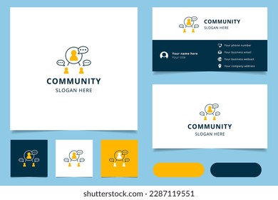 Diseño de logotipo comunitario con lema editable. Libro de promoción de marca y plantilla de tarjeta de visita.