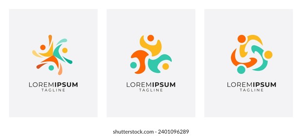 Vector de logotipo comunitario. Circular tres personas abstractas vectores de logotipo, equipo, grupo, reunión, juntos y familia