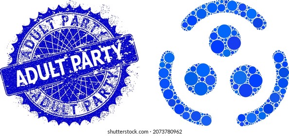 Community logo vector collage of round dots in variable sizes and blue color tones, and grunge Adult Party seal. Blue round sharp rosette seal has Adult Party text inside.
