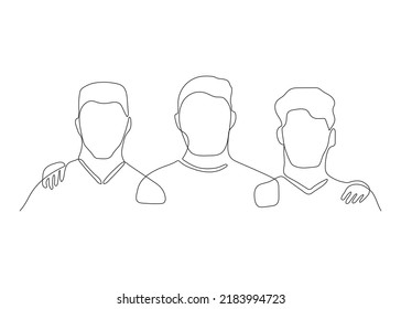 Community Man Friend Hug Other Males As Support, Continuous One Art Line Drawing. Three Human Heads, Men's Team Work, Unity Group. Brothers In Embrace. Vector Outline Illustration