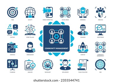 Community Management icon set. Social Media, Influencer, Public Relations, SEO, Monitoring, Branding, Strategy, Startup. Duotone color solid icons