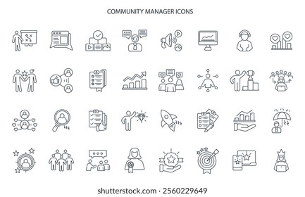 Community Manager activities icons set . Community Manager activities pack symbol vector elements for infographic web