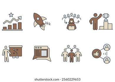 Community Manager activities icons set . Community Manager activities pack symbol vector elements for infographic web