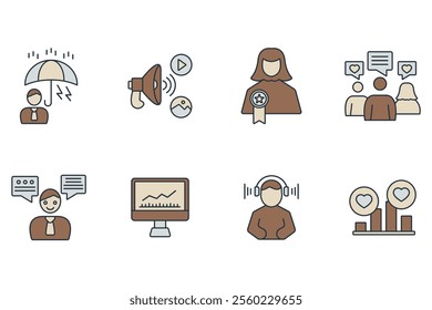 Community Manager activities icons set . Community Manager activities pack symbol vector elements for infographic web