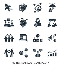 Community Manager activities icons set . Community Manager activities pack symbol vector elements for infographic web