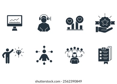 Community Manager activities icons set . Community Manager activities pack symbol vector elements for infographic web