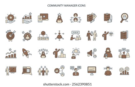 Community Manager activities icons set . Community Manager activities pack symbol vector elements for infographic web