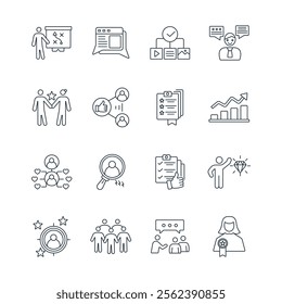 Community Manager activities icons set . Community Manager activities pack symbol vector elements for infographic web