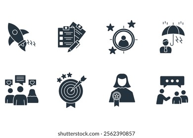 Community Manager activities icons set . Community Manager activities pack symbol vector elements for infographic web