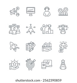 Community Manager activities icons set . Community Manager activities pack symbol vector elements for infographic web