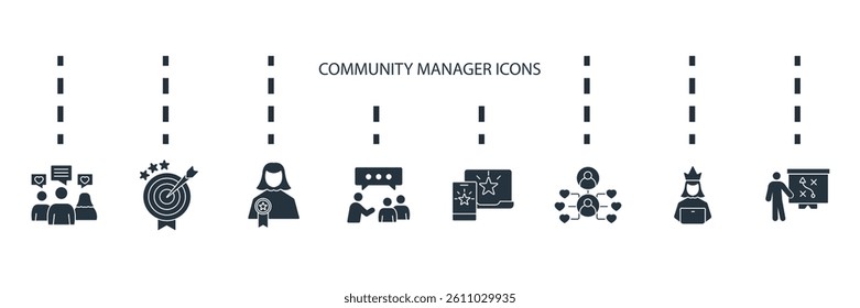 Community Manager activities icons set isolated on White Background Flat style design