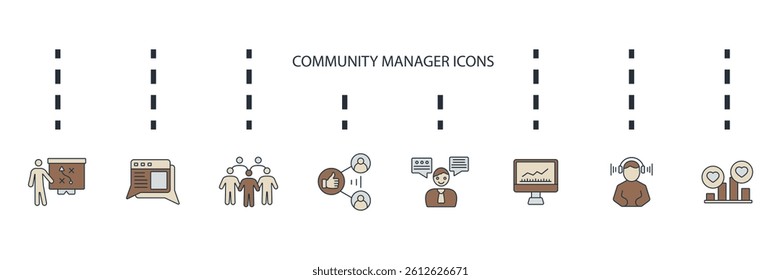 Community Manager activities icons set isolated on White Background Flat style design