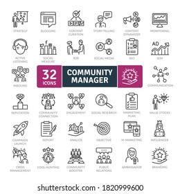 Community Manager activities. Thin line Icon Pack. Vector symbols