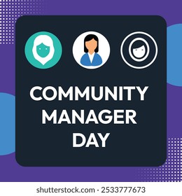 Community manager day poster design with three face icons.