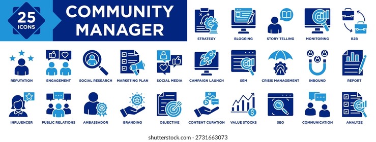Community Manager icon collection set. Containing Strategy, Blogging, Story Telling, Monitoring, B2B, Communication, Inbound, SEM, SEO, Social Media icon