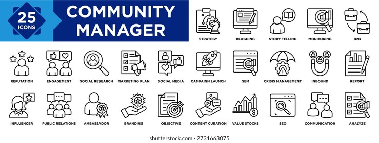 Community Manager icon collection set. Containing Strategy, Blogging, Story Telling, Monitoring, B2B, Communication, Inbound, SEM, SEO, Social Media icon