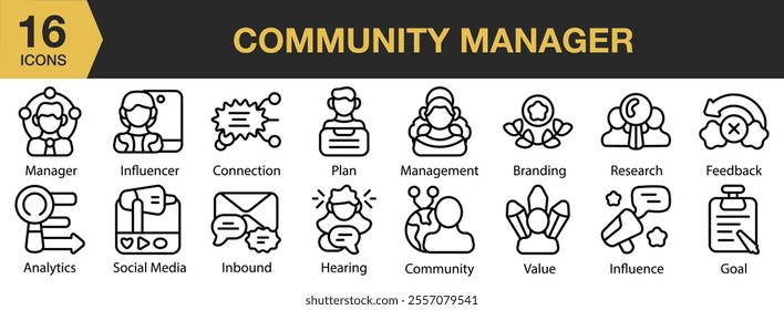 Community Manager icon set. Includes plan, research, feedback, influence, goal, value, and More. Outline icons vector collection.