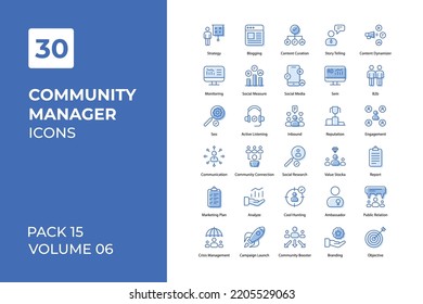 Community Manager Icons Collection. Set Contains Such Icons Briefcase, Budget Estimate, Calendar, Collaboration, And More