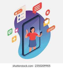 Community manager isometric composition with woman on smartphone screen and social media icons vector illustration