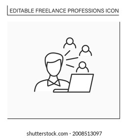 Icono de línea del gestor de la comunidad. Construir, crecer y administrar comunidades en línea. Comunicación con la gente. El concepto de la dirección, las profesiones independientes. Ilustración vectorial aislada. Trazo editable