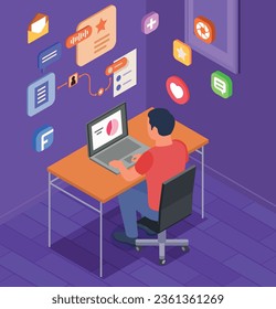 Community manager working on laptop isometric composition with 3d social media icons vector illustration