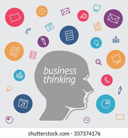 Community managers and software icons. Cartoon head specialist in profile. Employees tools for computer. Vector flat illustration of character connection for background. Learning and training courses 