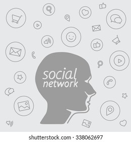 Community managers and software icons. Cartoon head specialist in profile. Employees tools for computer. Vector flat illustration of character connection for background. Learning and training courses 