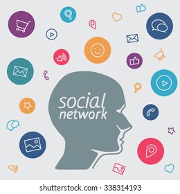 Community managers and software icons. Cartoon head specialist in profile. Employees tools for computer. Vector flat illustration of character connection for background. Learning and training courses 