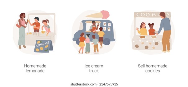 Community market isolated cartoon vector illustration set. Homemade lemonade stall, ice cream truck, local small business, girl sell cookies to neighbors, residential area buildings vector cartoon.