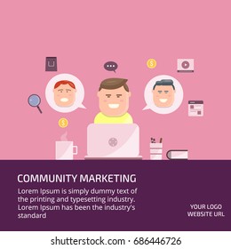 Community marketing, social media network marketing, advertising flat design vector with icons