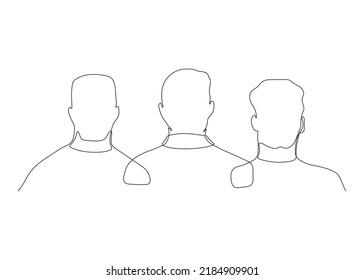 Community of men friend hug and support together, back view, continuous one art line drawing. Three human heads, men's team work, unity group. Brothers in embrace. Vector outline illustration