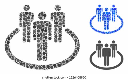Community mosaic for community icon of small circles in different sizes and color tones. Vector small circles are grouped into blue collage. Dotted community icon in usual and blue versions.