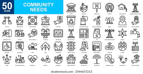 Community Needs icon collection set. Public service, transportation, building, social, needs, support, economy icon. Simple line vector.