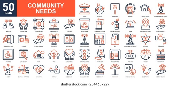 Community Needs icon collection set. Public service, transportation, building, social, needs, support, economy icon. Simple line color vector.