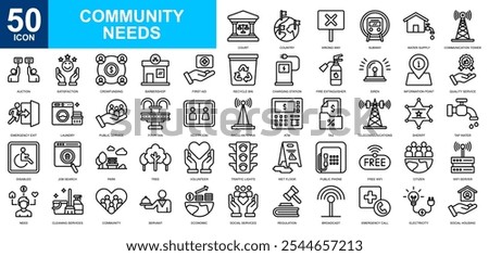 Community Needs icon collection set. Public service, transportation, building, social, needs, support, economy icon. Simple line vector.