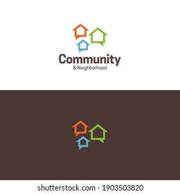 Community And Neighborhood Logo And Icon. Vector Illustration. Playful Logo Featuring Three Speech Bubbles That Are Also Houses.