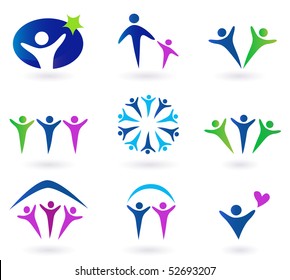 Community, network and social icons - blue, green and pink. Community, network and social icon set. Collection of 9 design elements inspired by people, family, love and togetherness.