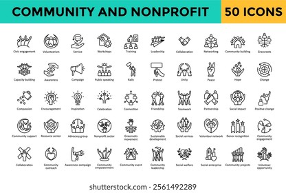 Community and Nonprofit icons set with civic engagement, volunteerism, service, workshops, training, leadership, collaboration, networking, community building, grassroots icon. Simple line vector 
