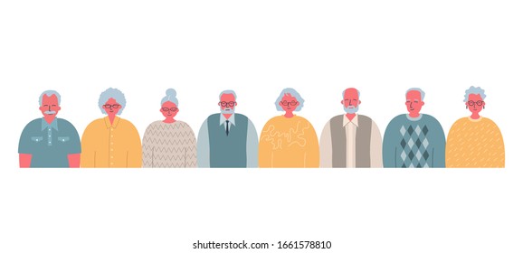 Community of older people. Elderly men and elderly women are standing together. People icons. Vector illustration