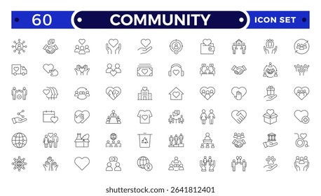 Community Outline icon set. Containing people, friendship, social, diversity, village, relationships, support and community development icons. People, social, group, human, team, population.
