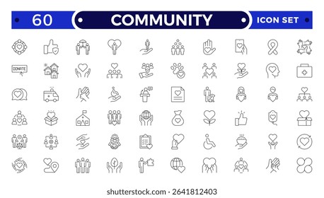 Community Outline icon set. Containing people, friendship, social, diversity, village, relationships, support and community development icons. People, social, group, human, team, population.
