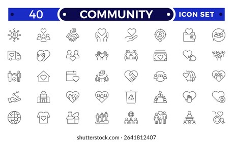 Community Outline icon set. Containing people, friendship, social, diversity, village, relationships, support and community development icons. People, social, group, human, team, population.
