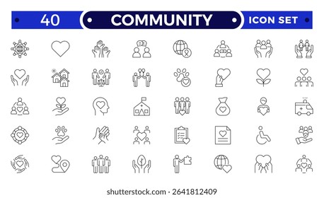 Community Outline icon set. Containing people, friendship, social, diversity, village, relationships, support and community development icons. People, social, group, human, team, population.
