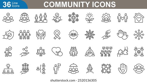 Conjunto de iconos de esquema de la comunidad ilustrador de Vector. Personas, red, diversidad, trabajo en equipo, Asistencia, conexión, social y más.