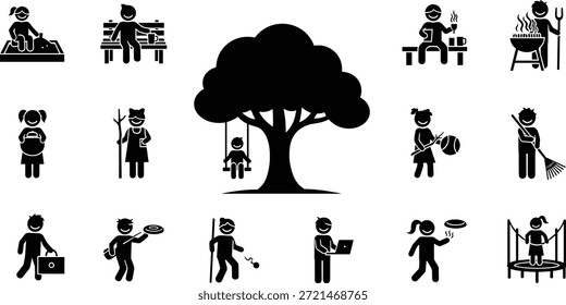Community park activity silhouette vector, family interaction, outdoor leisure, tree-centered design, black icon illustration for lifestyle, parenting, and recreational concepts