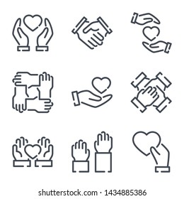 Ikony linii związane ze społecznością i partnerstwem. Zestaw ikon wektorowych Pomocy i Obsługa.