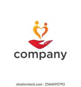 Community people care logo design template. Heart and hand vector icon.