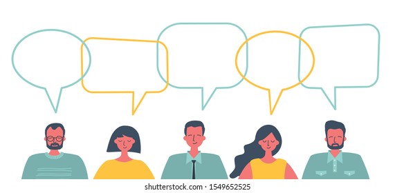 Community of people. Communication of young men and young women. People icons with speech bubbles. Vector illustration