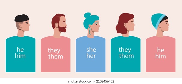 Community of people, different gender. Flat vector stock illustration. Gender pronouns, he, she, they. The concept of a group of non-binary people, transgender people, bigenders, agenders